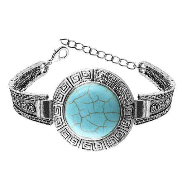 Turquoise & Silver-Plated Round Shield Charm Bracelet For Sale