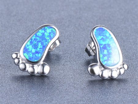 Blue Opal & Silver-Plated Footprint Stud Earrings For Discount