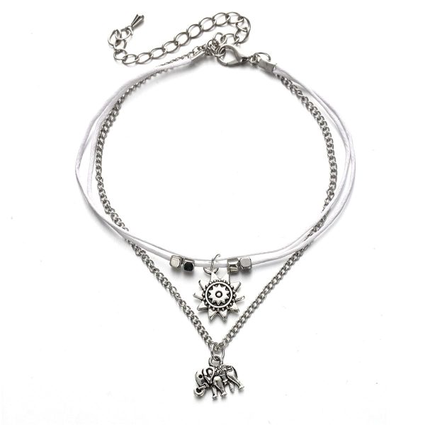 Silver-Plated Sun & Elephant Cham Layered Anklet For Discount