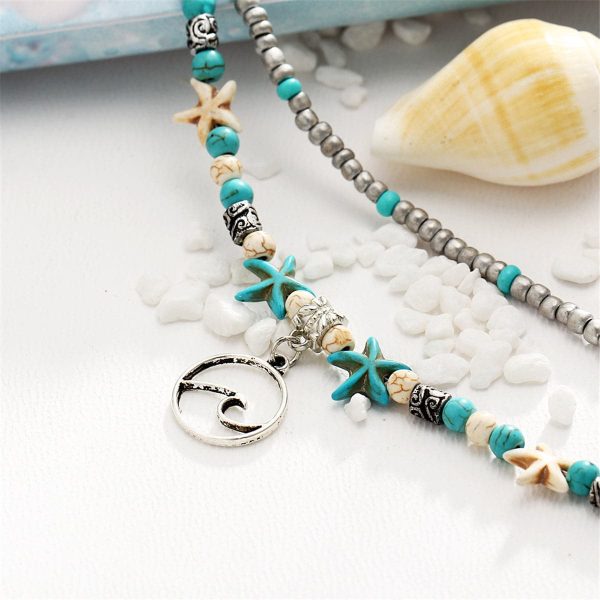 Turquoise & Silver-Plated Beaded Wave Layered Anklet on Sale