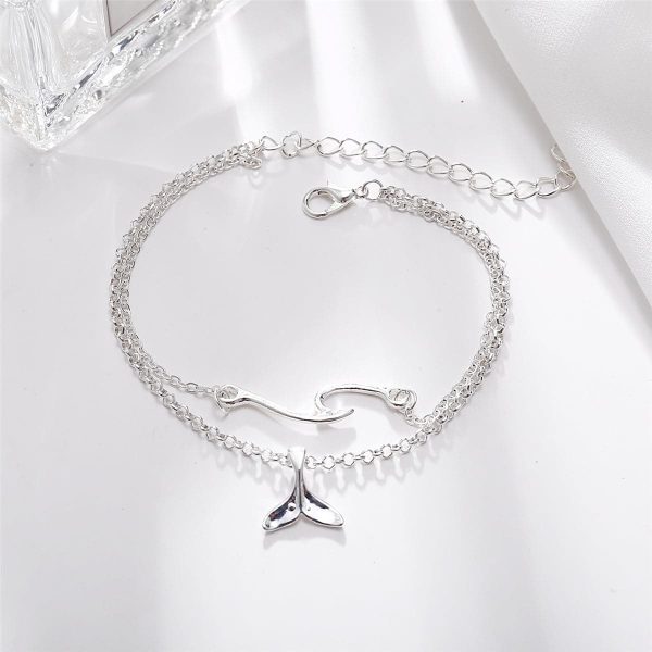 Silver-Plated Wave & Fish Tail Charm Layer Anklet on Sale