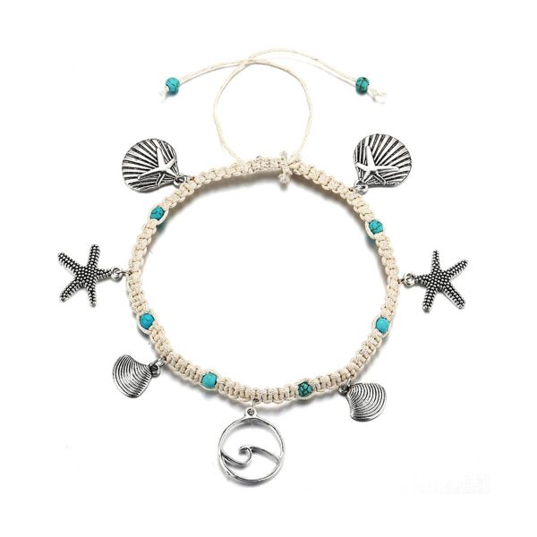 Turquoise & Silver-Plated Starfish Charm Anklet on Sale