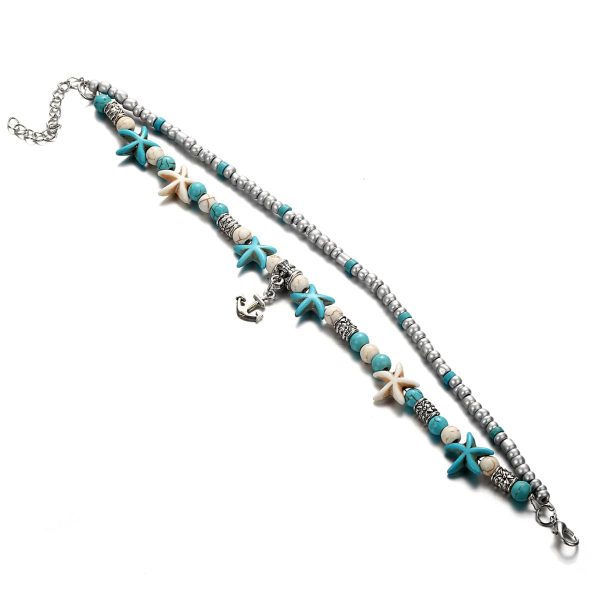 Turquoise & Silver-Plated Beaded Anchor Layered Anklet Online Sale