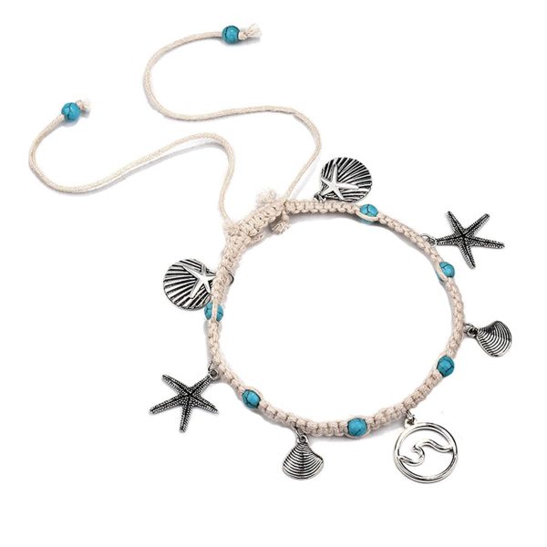 Turquoise & Silver-Plated Starfish Charm Anklet on Sale