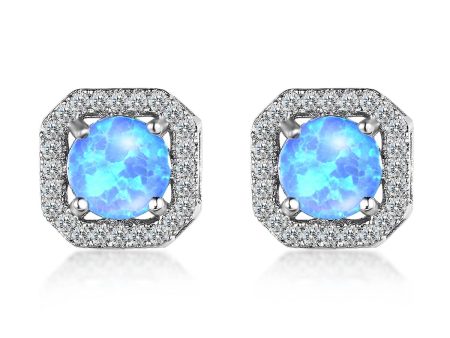 Blue Opal & Cubic Zirconia Round Cushion Stud Earrings For Sale