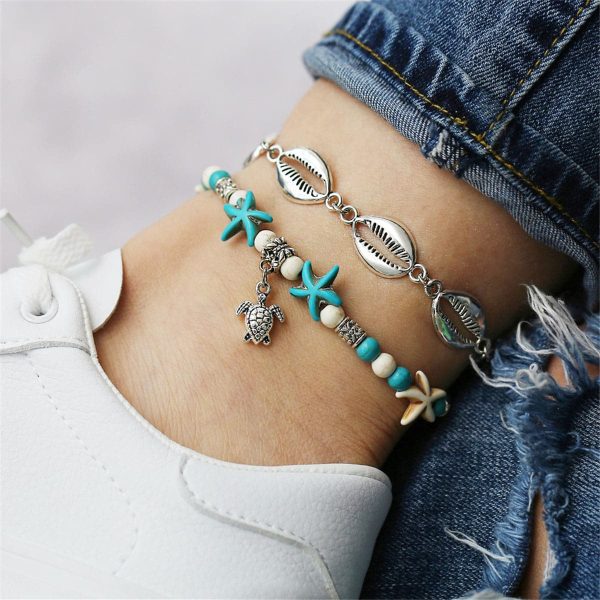 Turquoise & Silver-Plated Sea Lives Charm Anklet on Sale