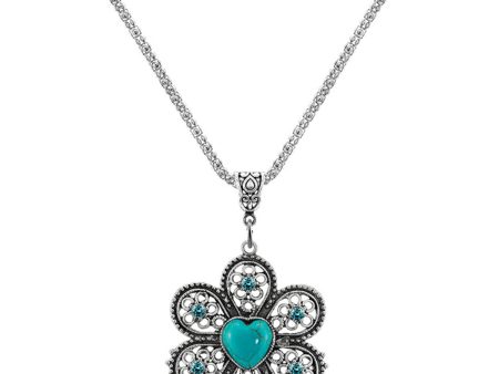 Turquoise & Silver-Plated Heart Flower Pendant Necklace Cheap