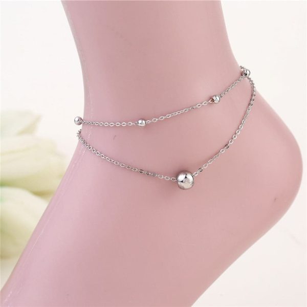 Silver-Plated Beaded Layered Station Charm Anklet on Sale