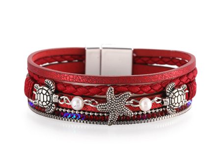 Red Polystyrene & Pearl Turtle Starfish Layered Bracelet Fashion