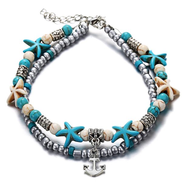 Turquoise & Silver-Plated Beaded Anchor Layered Anklet Online Sale