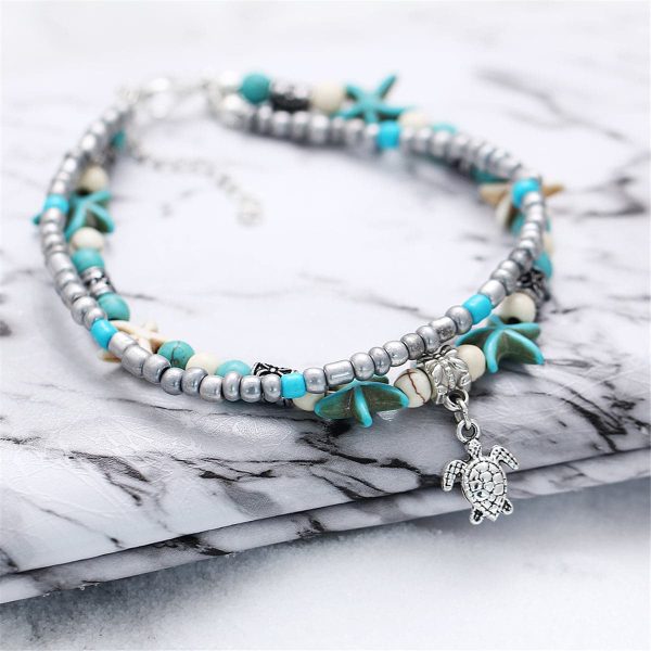 Turquoise & Silver-Plated Sea Turtle Layered Anklet Fashion