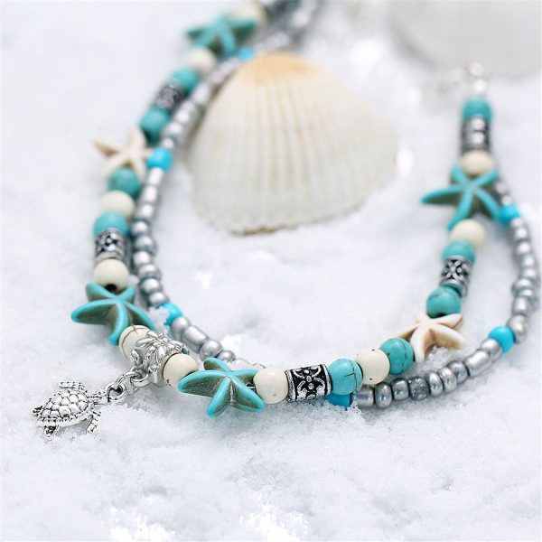 Turquoise & Silver-Plated Sea Turtle Layered Anklet Fashion