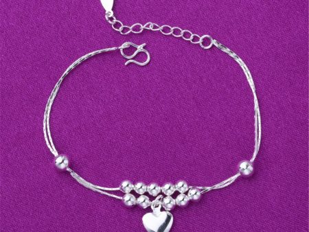 Silver-Plated Beaded Heart Charm Anklet Cheap