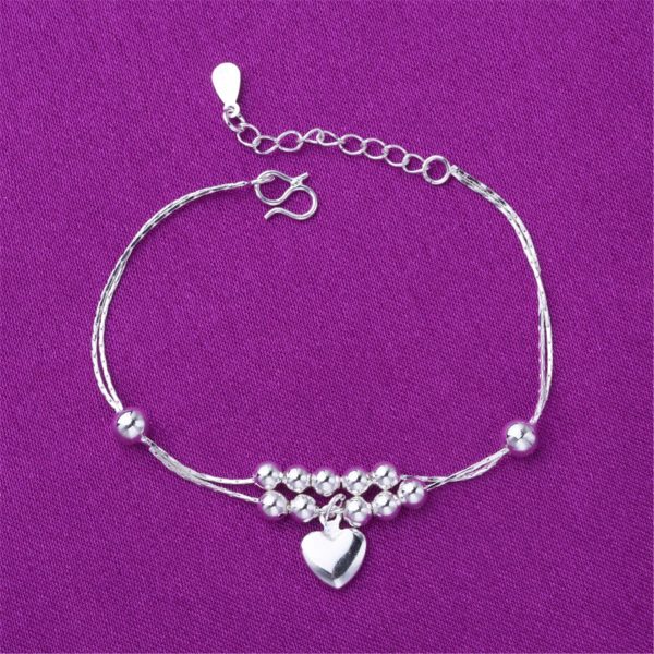 Silver-Plated Beaded Heart Charm Anklet Cheap