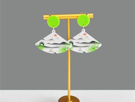 White & Green Landscape Fan Drop Earrings Fashion