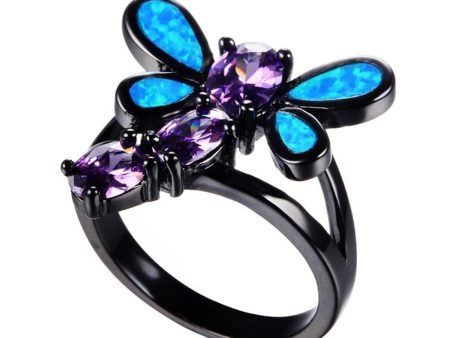 Blue Opal & Purple Crystal Dragonfly Openwork Ring Online Hot Sale