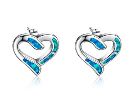 Blue Opal & Silver-Plated Hollow Heart Stud Earrings For Sale