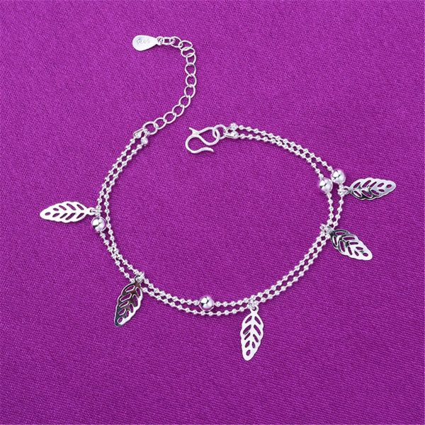 Silver-Plated Leaves Station Bead Chain Layered Anklet For Sale