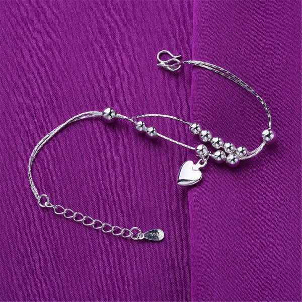 Silver-Plated Beaded Heart Charm Anklet Cheap