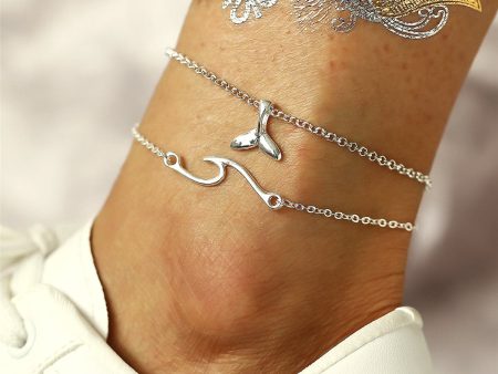 Silver-Plated Wave & Fish Tail Charm Layer Anklet on Sale