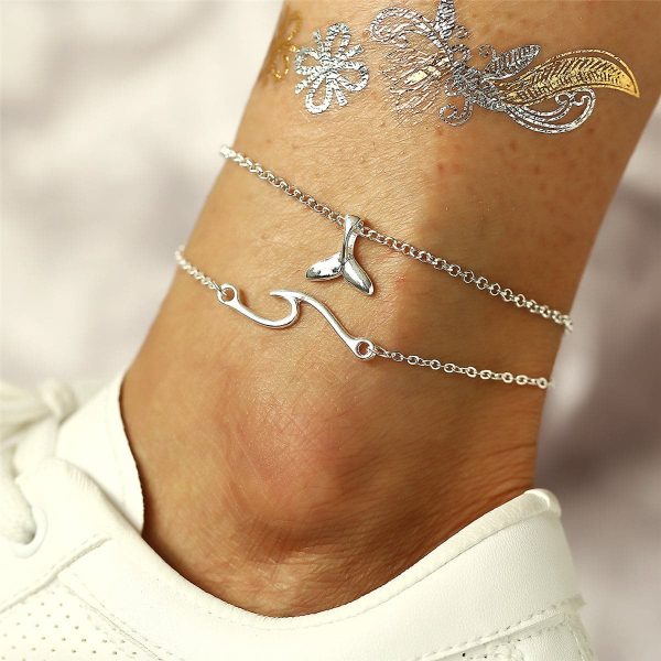 Silver-Plated Wave & Fish Tail Charm Layer Anklet on Sale