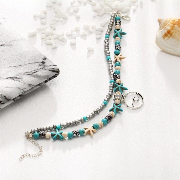 Turquoise & Silver-Plated Beaded Wave Layered Anklet on Sale