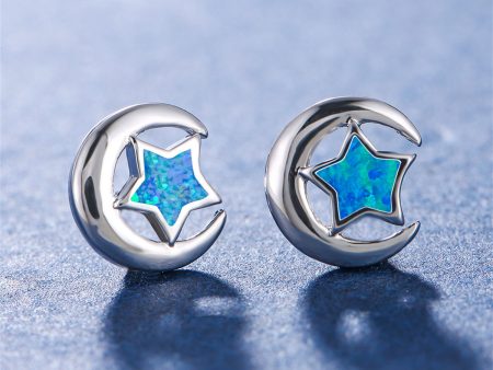 Blue Opal & Silver-Plated Crescent Moon Star Stud Earrings For Discount