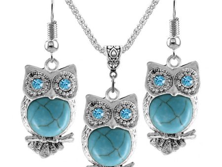 Turquoise & Cubic Zirconia Owl Earrings & Pendant Necklace on Sale