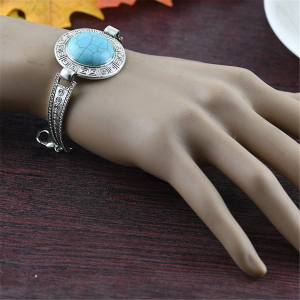 Turquoise & Silver-Plated Round Shield Charm Bracelet For Sale