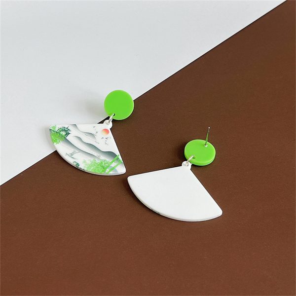 White & Green Landscape Fan Drop Earrings Fashion