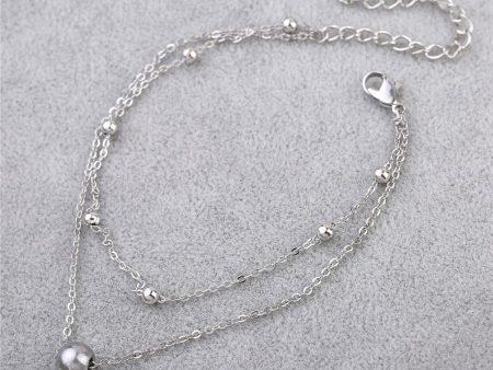 Silver-Plated Beaded Layered Station Charm Anklet on Sale