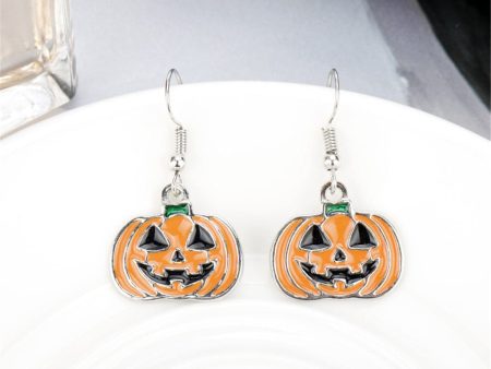 Silver-Plated & Orange Enamel Pumpkin Drop Earrings For Cheap