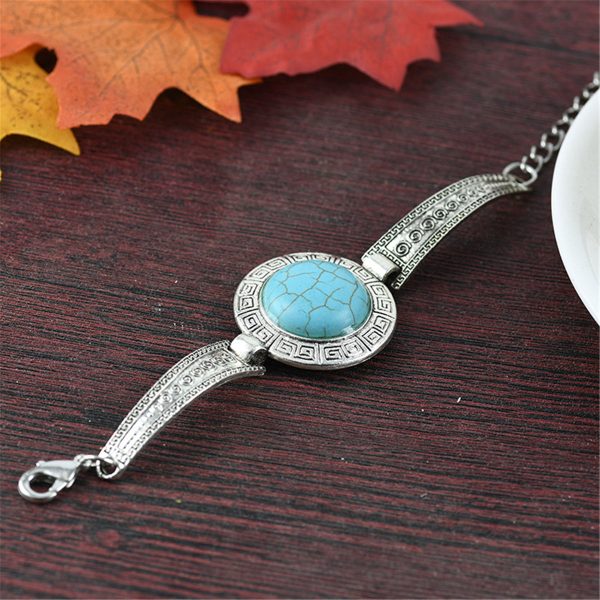 Turquoise & Silver-Plated Round Shield Charm Bracelet For Sale