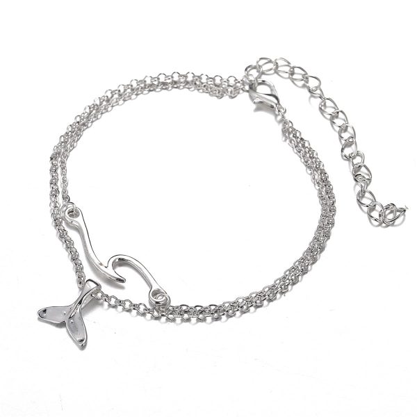 Silver-Plated Wave & Fish Tail Charm Layer Anklet on Sale